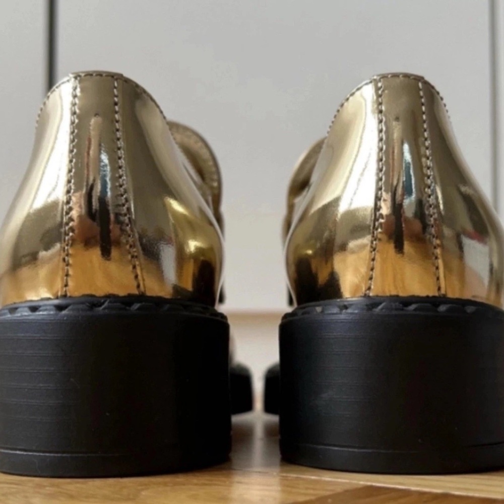 Prada Triangular Logo Metallic Gold Loafers $1400 - Picture 2 of 3